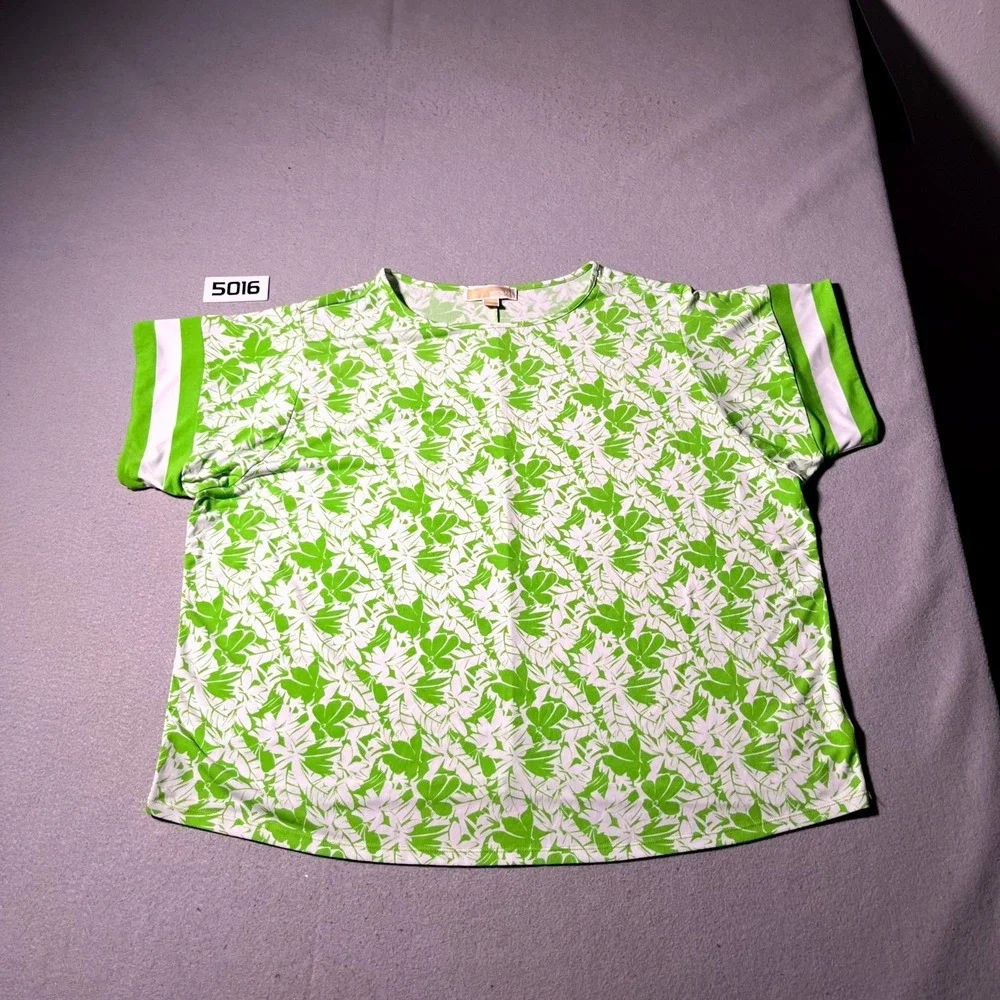 Michael Kors Blouse Top Womens 1X Green White Twill Palm Print Round Neck Casual